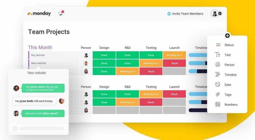 monday-colourful-yellow-boards monday.com team chat and collaboration