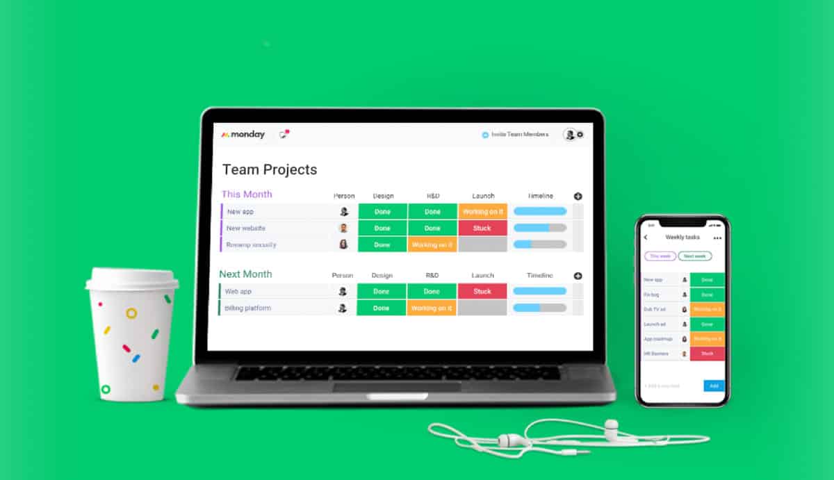 monday.com on laptop and mobile with coffee green background